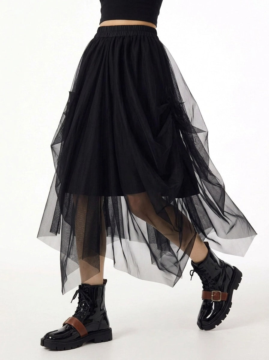 Simple Moderne Black Gothic Tulle Skirt – Layered Asymmetrical High Waist