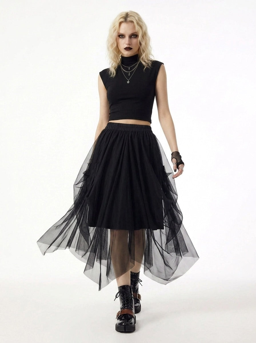 Simple Moderne Black Gothic Tulle Skirt – Layered Asymmetrical High Waist