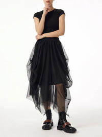 Simple Moderne Black Gothic Tulle Skirt – Layered Asymmetrical High Waist