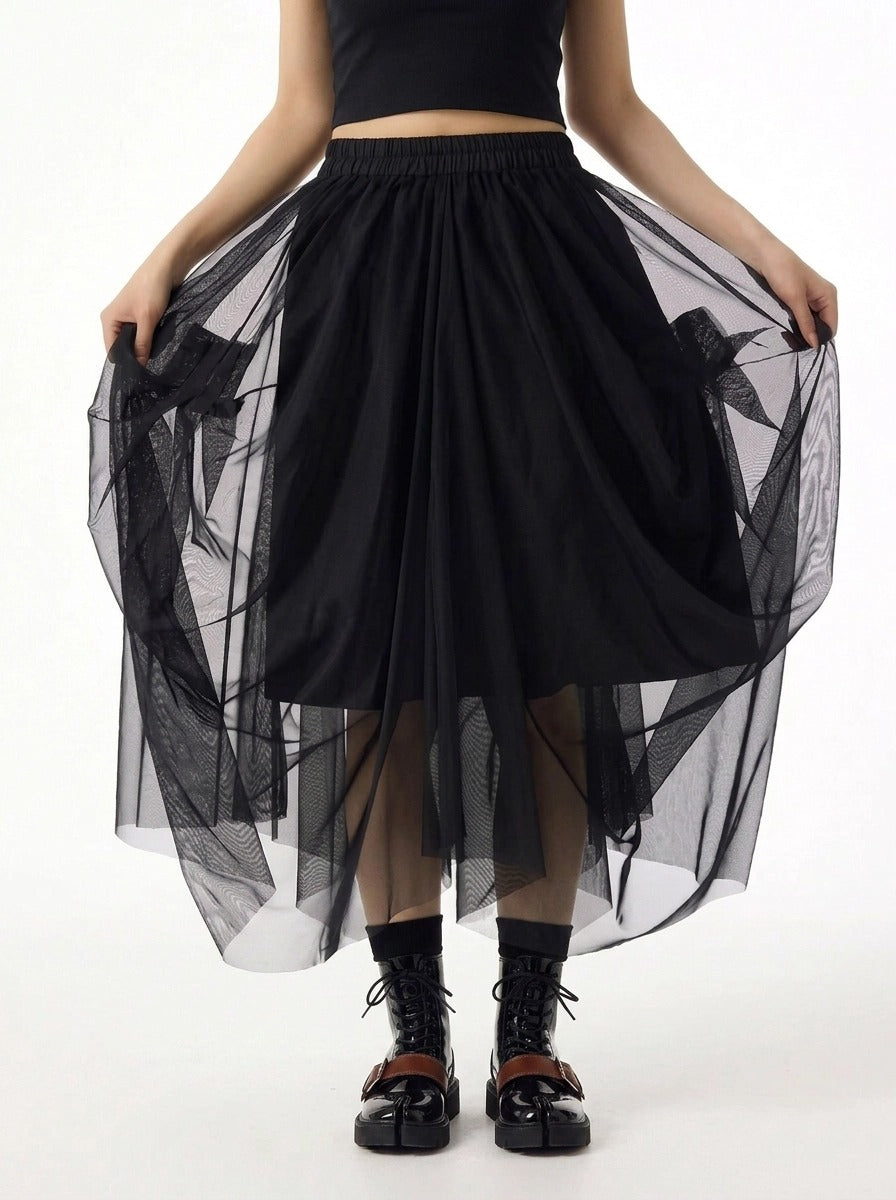 Simple Moderne Black Gothic Tulle Skirt – Layered Asymmetrical High Waist