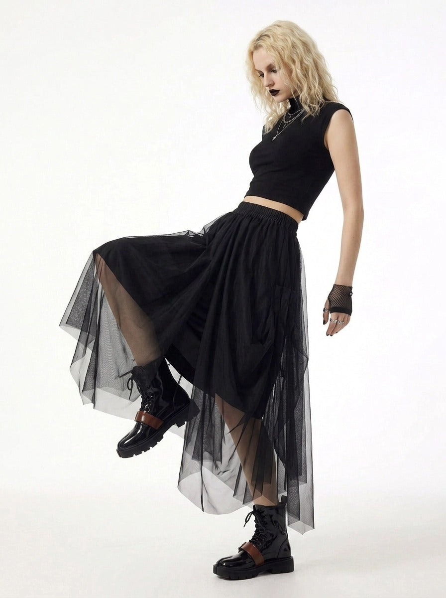 Simple Moderne Black Gothic Tulle Skirt – Layered Asymmetrical High Waist
