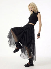 Simple Moderne Black Gothic Tulle Skirt – Layered Asymmetrical High Waist
