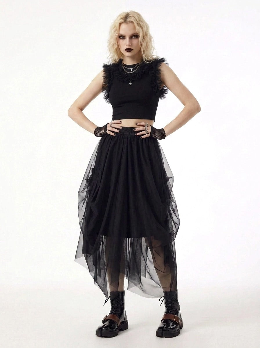 Simple Moderne Black Gothic Tulle Skirt – Layered Asymmetrical High Waist