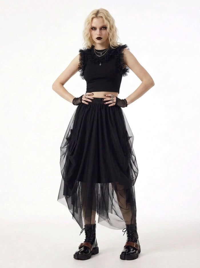 Simple Moderne Black Gothic Tulle Skirt – Layered Asymmetrical High Waist