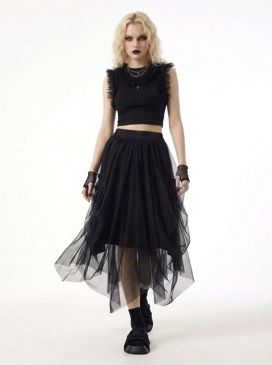 Simple Moderne Black Gothic Tulle Skirt – Layered Asymmetrical High Waist