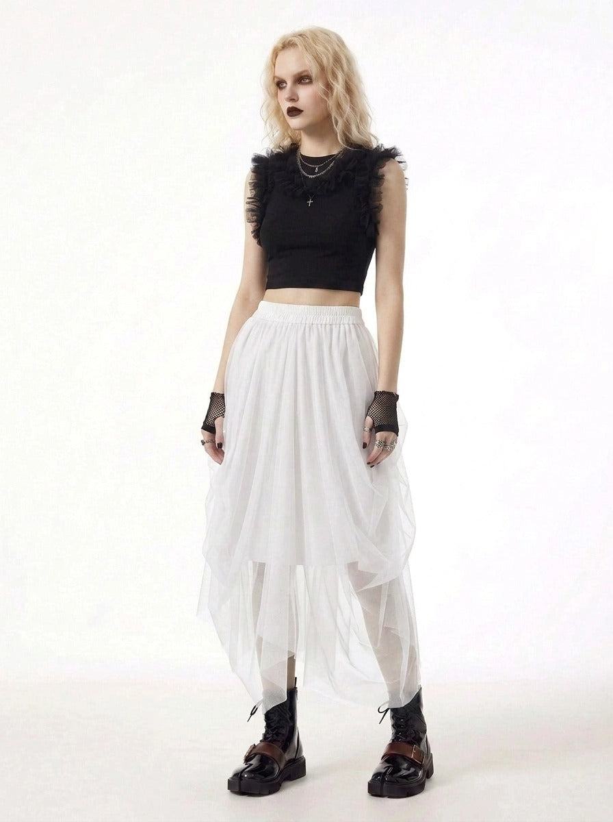 Simple Moderne White Gothic Tulle Skirt – Layered Asymmetrical High Waist