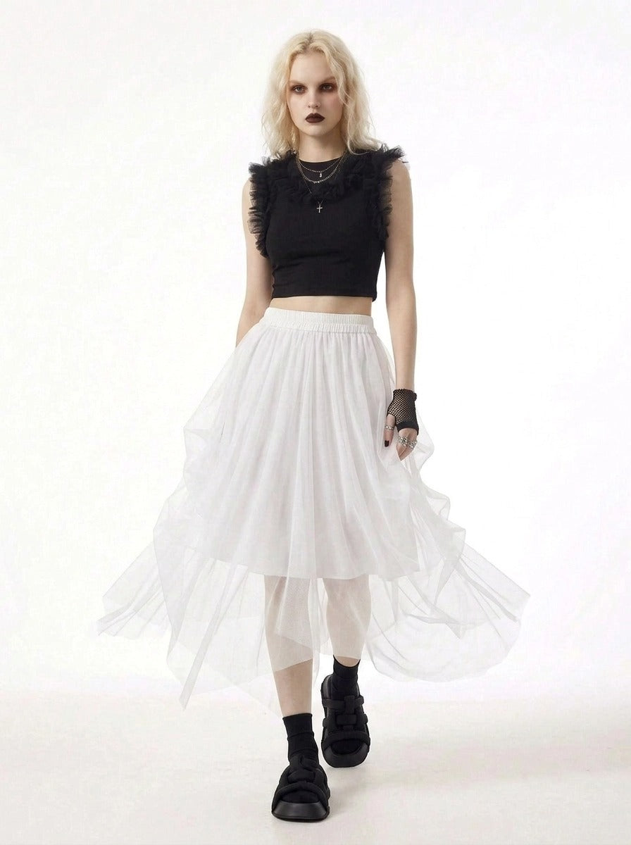 Simple Moderne White Gothic Tulle Skirt – Layered Asymmetrical High Waist