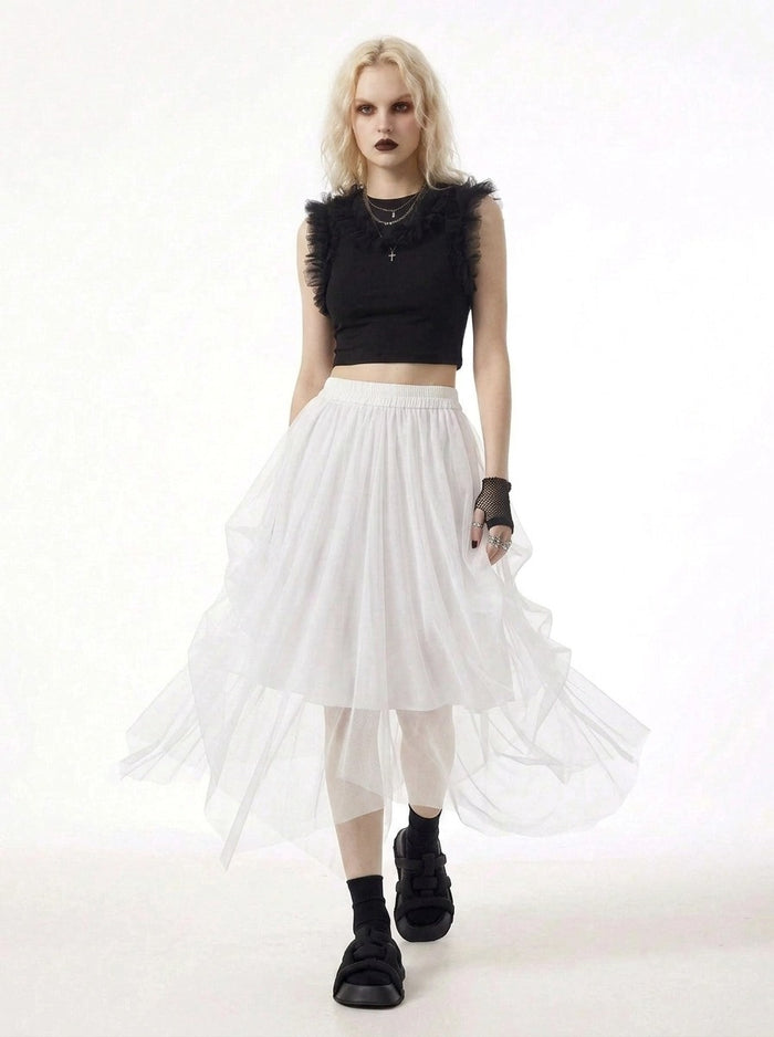 Simple Moderne White Gothic Tulle Skirt – Layered Asymmetrical High Waist