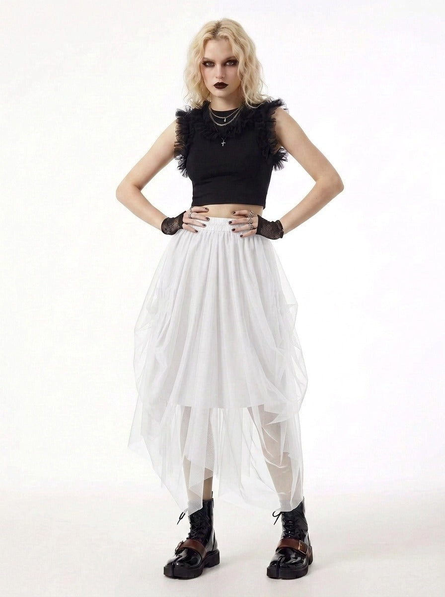 Simple Moderne White Gothic Tulle Skirt – Layered Asymmetrical High Waist
