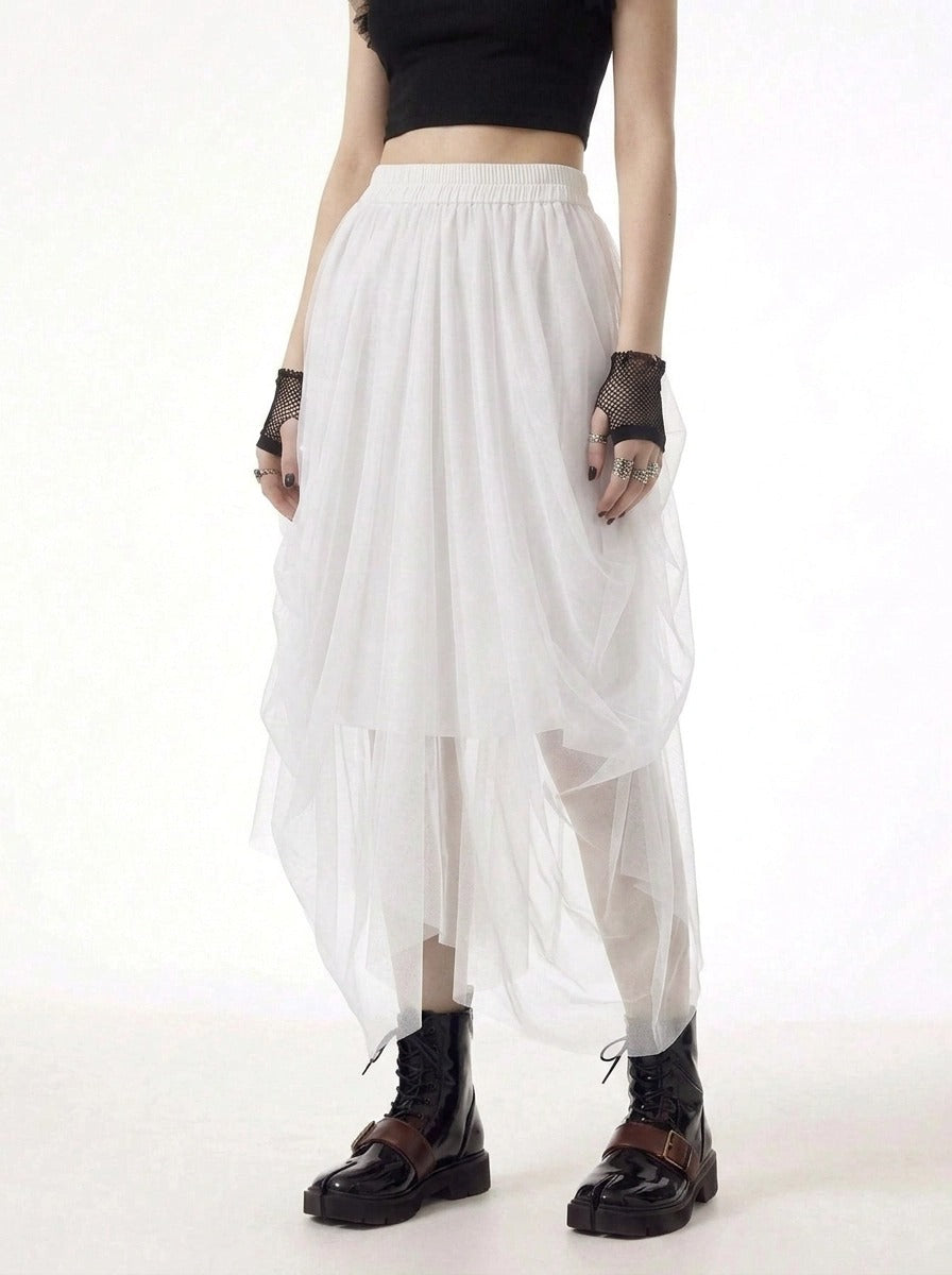 Simple Moderne White Gothic Tulle Skirt – Layered Asymmetrical High Waist