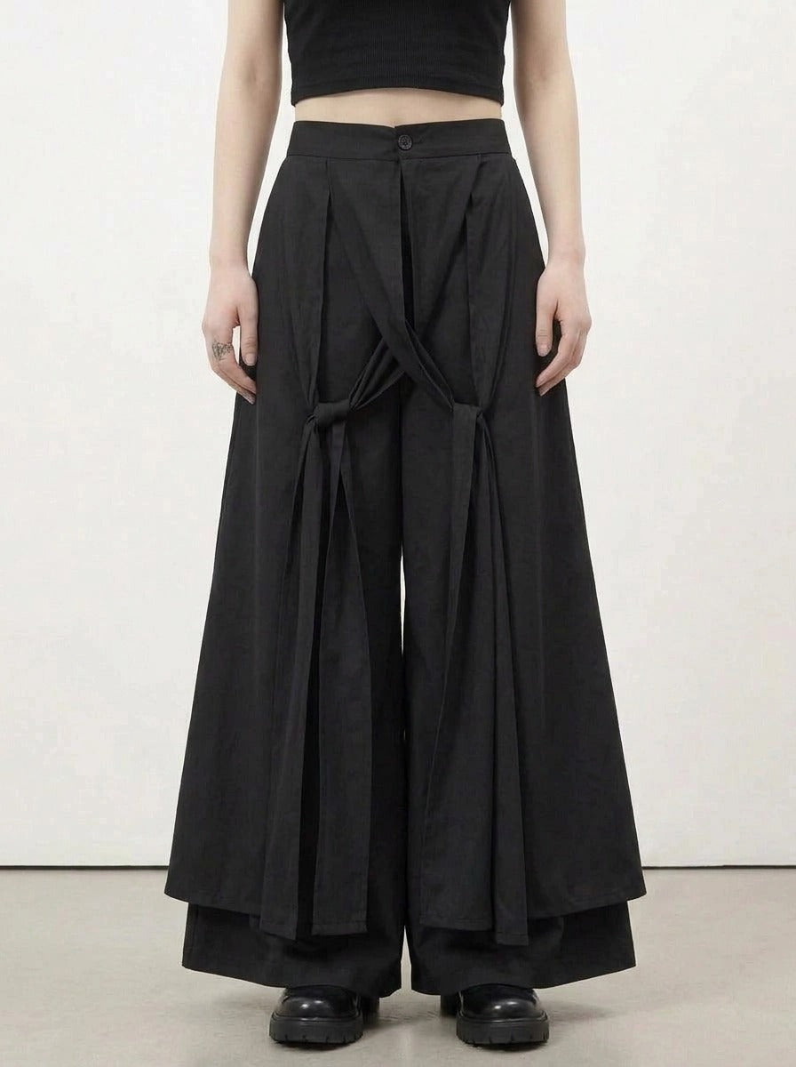 Simple Moderne Black Layered Wide-Leg Trousers – Structured Asymmetrical Panels