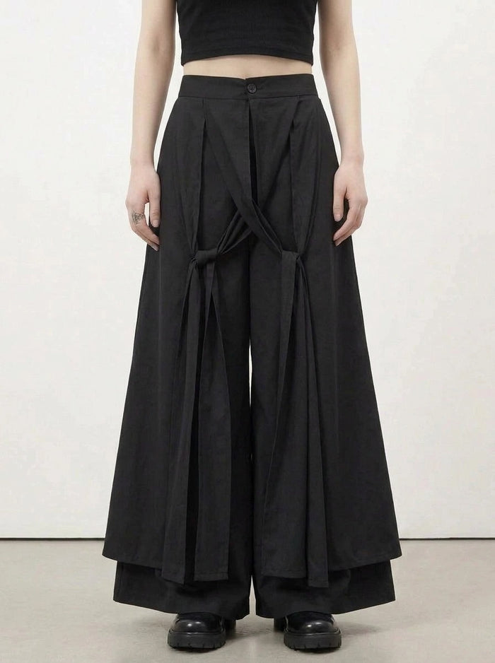 Simple Moderne Black Layered Wide-Leg Trousers – Structured Asymmetrical Panels