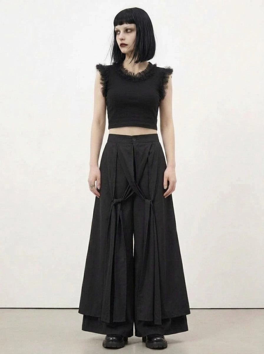 Simple Moderne Black Layered Wide-Leg Trousers – Structured Asymmetrical Panels
