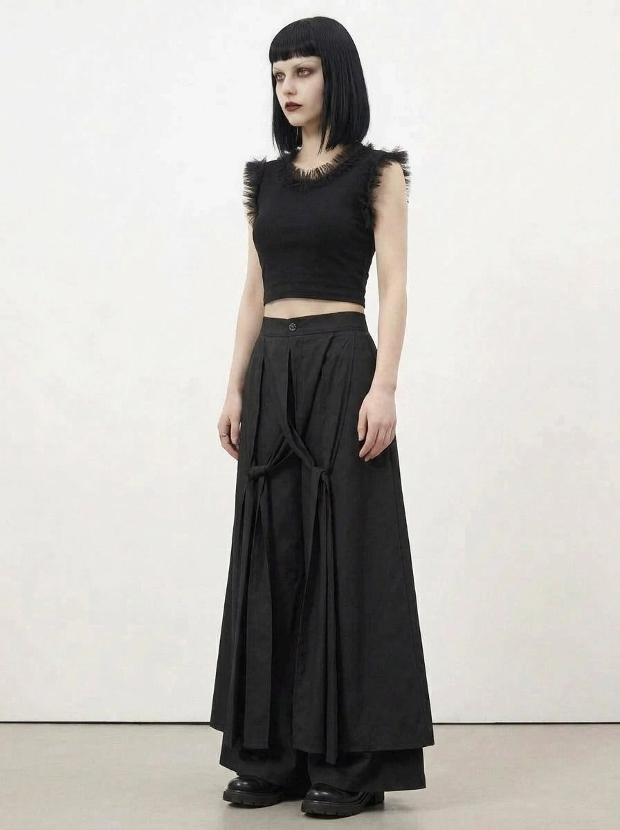 Simple Moderne Black Layered Wide-Leg Trousers – Structured Asymmetrical Panels