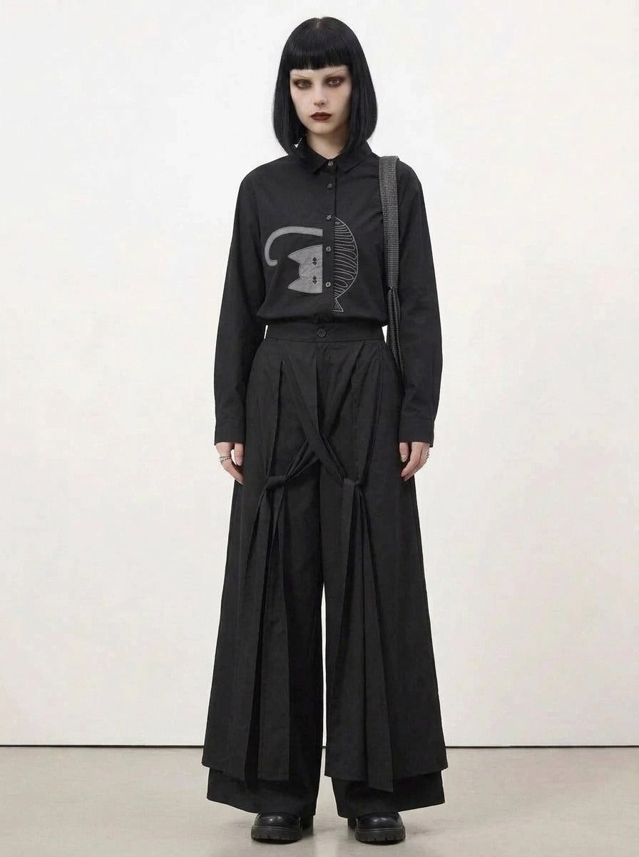 Simple Moderne Black Graphic Blouse – Minimal Cat Motif Button-Up Shirt-SimpleModerne