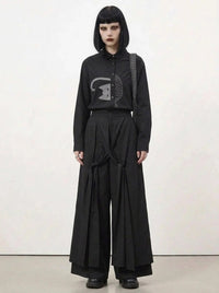 Simple Moderne Black Graphic Blouse – Minimal Cat Motif Button-Up Shirt-SimpleModerne