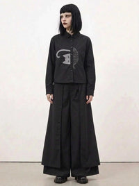 Simple Moderne Black Graphic Blouse – Minimal Cat Motif Button-Up Shirt-SimpleModerne