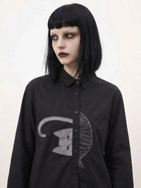 Simple Moderne Black Graphic Blouse – Minimal Cat Motif Button-Up Shirt-SimpleModerne