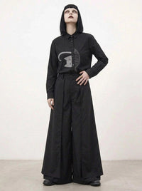 Simple Moderne Black Graphic Blouse – Minimal Cat Motif Button-Up Shirt-SimpleModerne