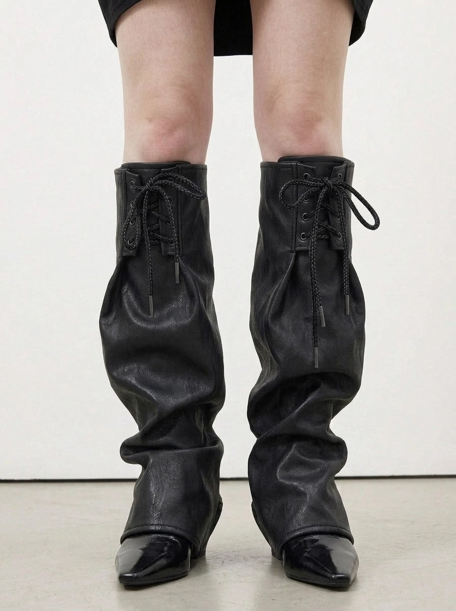 Simple Moderne Black Vegan Leather Leg Warmers – Adjustable Lace-Up Statement Layer-SimpleModerne