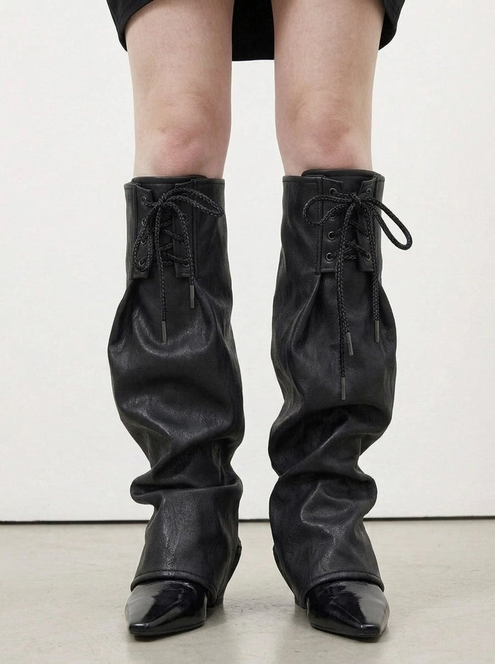 Simple Moderne Black Vegan Leather Leg Warmers – Adjustable Lace-Up Statement Layer