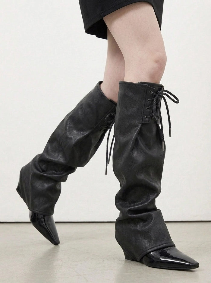 Simple Moderne Black Vegan Leather Leg Warmers – Adjustable Lace-Up Statement Layer