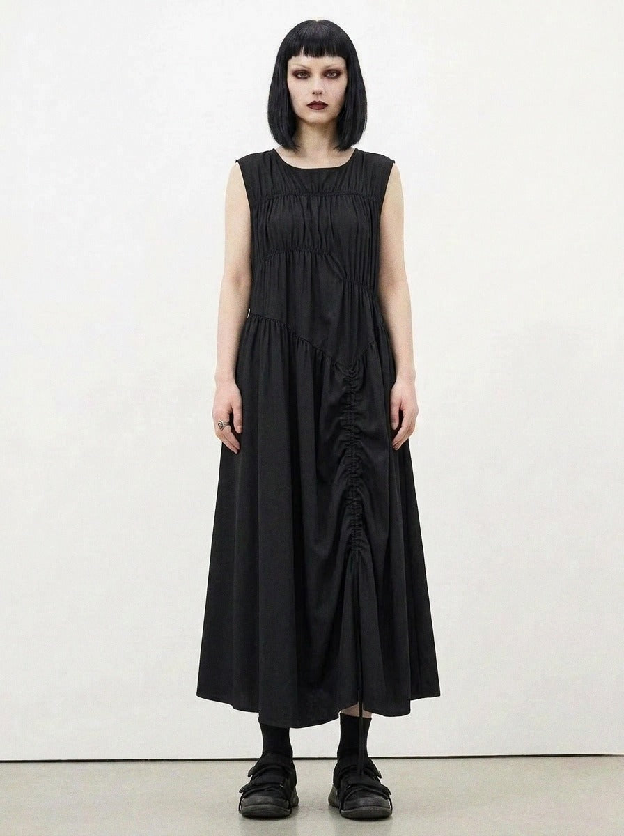 Simple Moderne Black Asymmetrical Gathered Dress – Casual Minimal Goth Midi Statement Piece-SimpleModerne