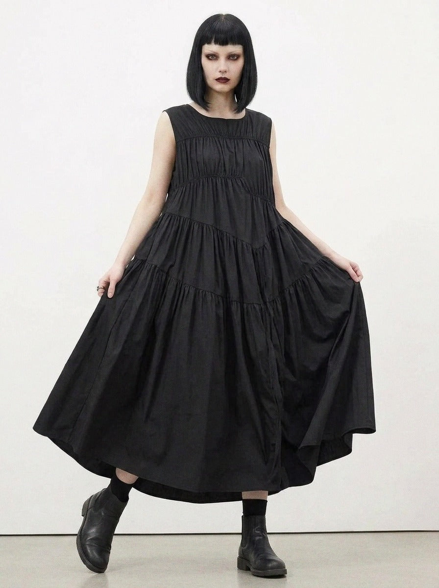 Simple Moderne Black Asymmetrical Gathered Dress – Casual Minimal Goth Midi Statement Piece-SimpleModerne