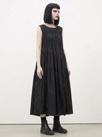 Simple Moderne Black Asymmetrical Gathered Dress – Casual Minimal Goth Midi Statement Piece-SimpleModerne