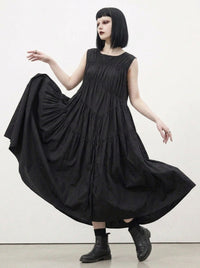 Simple Moderne Black Asymmetrical Gathered Dress – Casual Minimal Goth Midi Statement Piece-SimpleModerne