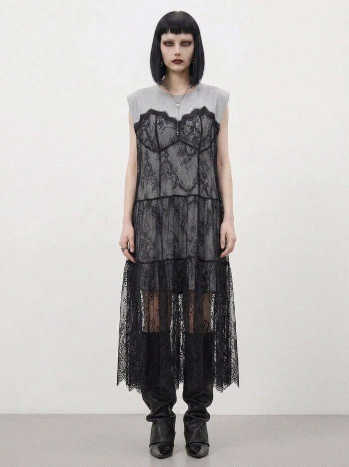 Simple Moderne Layered Gothic Lace Overlay Dress – Sporty Tank Meets Romantic Minimal Goth