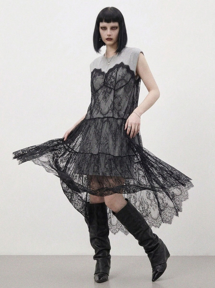 Simple Moderne Layered Gothic Lace Overlay Dress – Sporty Tank Meets Romantic Minimal Goth-SimpleModerne