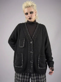 Hand-Stitched Minimal Goth Cardigan – Oversized Textured Knit in Black