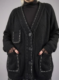 Hand-Stitched Minimal Goth Cardigan – Oversized Textured Knit in Black