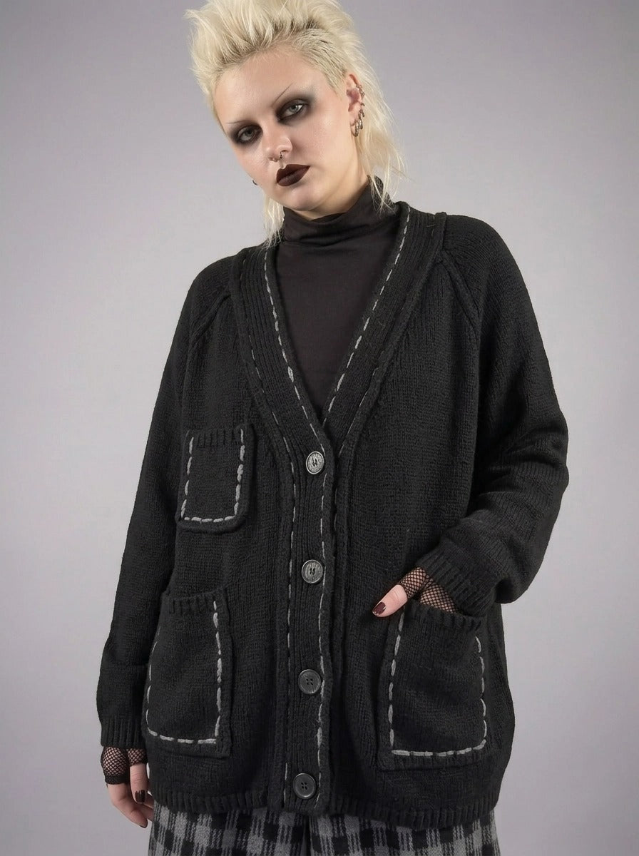 Hand-Stitched Minimal Goth Cardigan – Oversized Textured Knit in Black