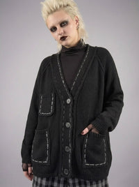 Hand-Stitched Minimal Goth Cardigan – Oversized Textured Knit in Black