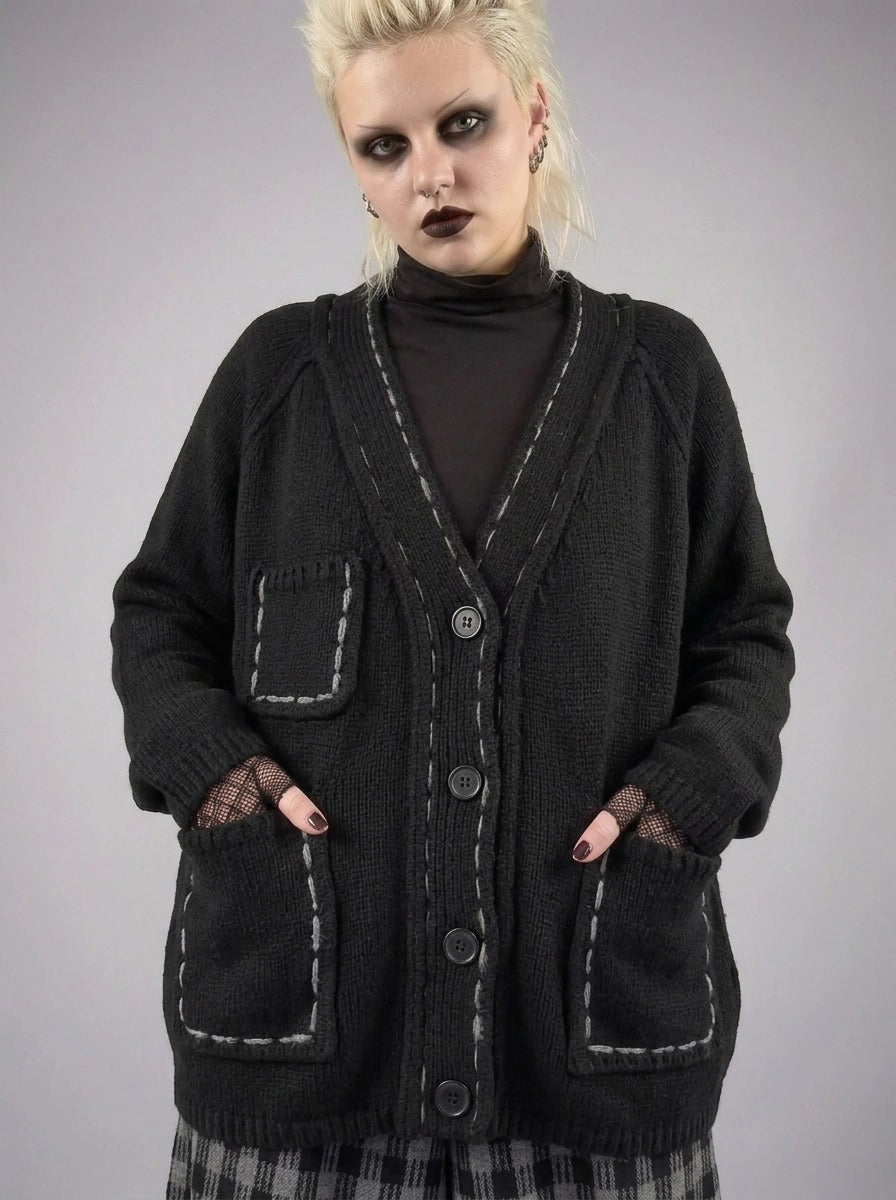 Hand-Stitched Minimal Goth Cardigan – Oversized Textured Knit in Black