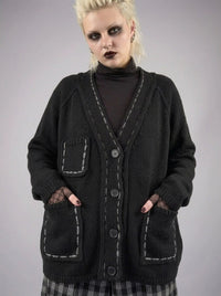 Hand-Stitched Minimal Goth Cardigan – Oversized Textured Knit in Black