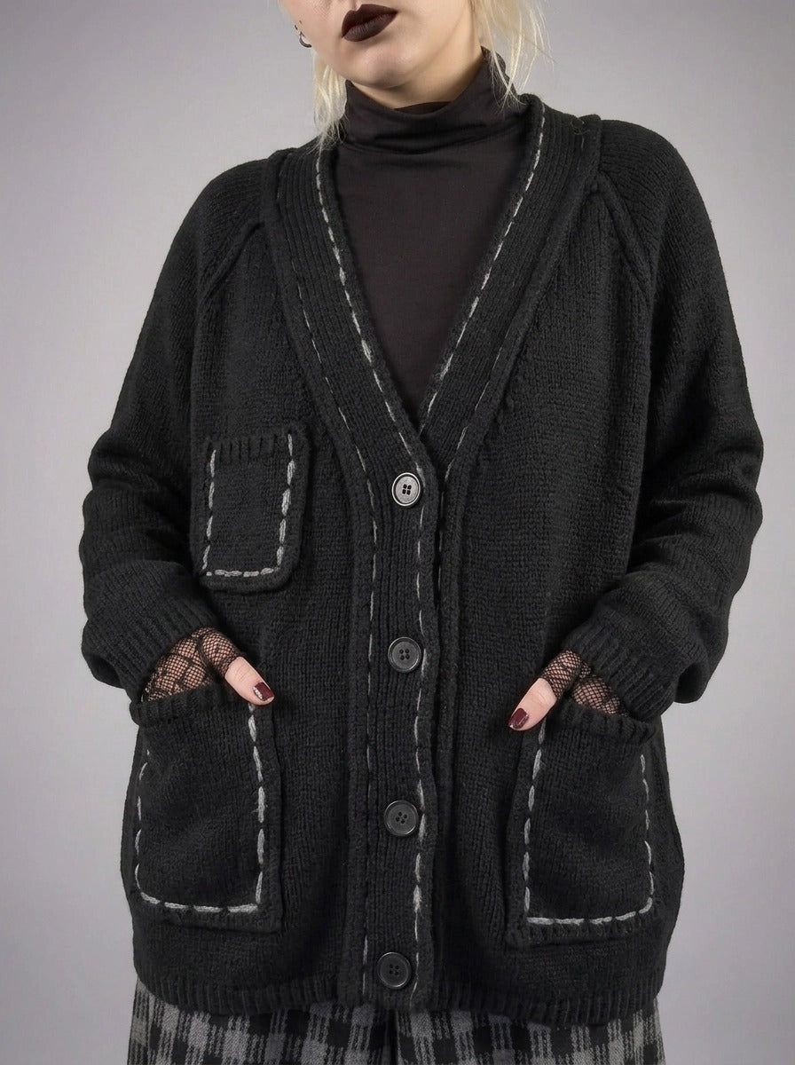 Hand-Stitched Minimal Goth Cardigan – Oversized Textured Knit in Black