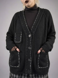 Hand-Stitched Minimal Goth Cardigan – Oversized Textured Knit in Black