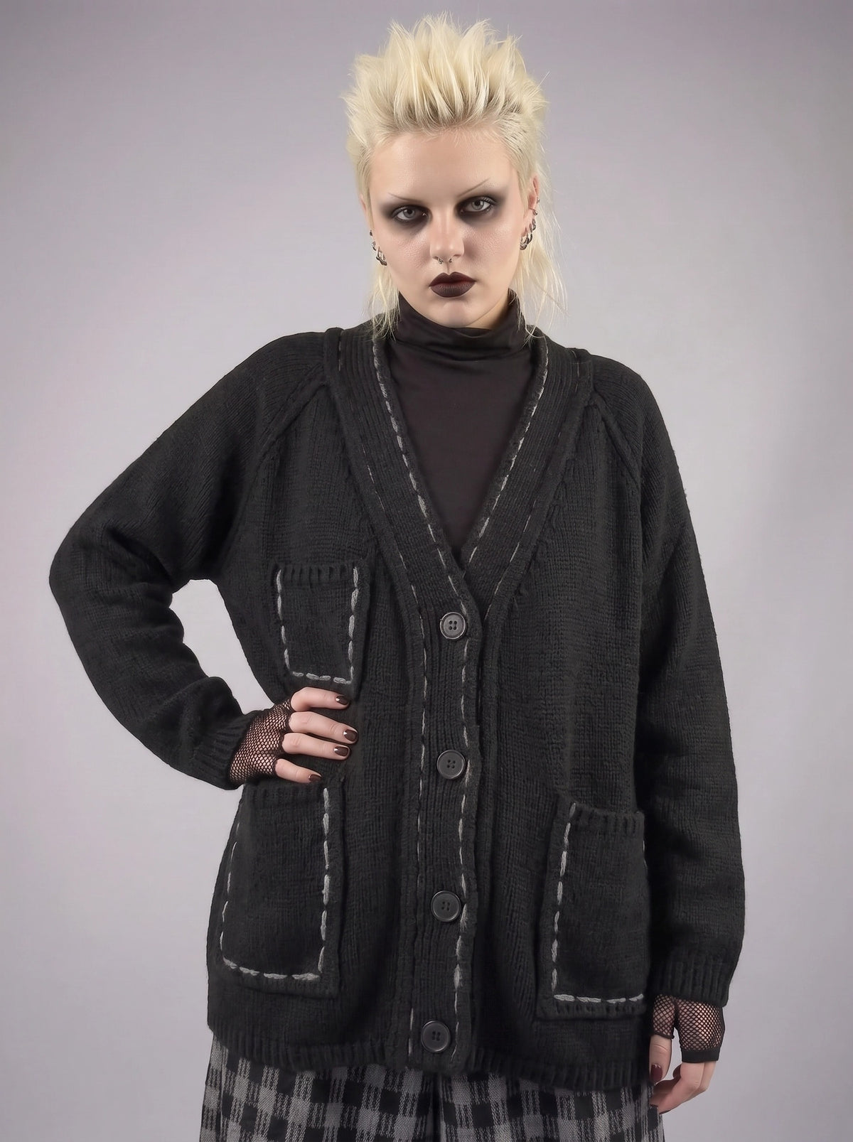 Hand-Stitched Minimal Goth Cardigan – Oversized Textured Knit in Black