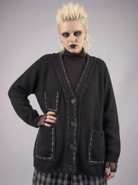 Hand-Stitched Minimal Goth Cardigan – Oversized Textured Knit in Black