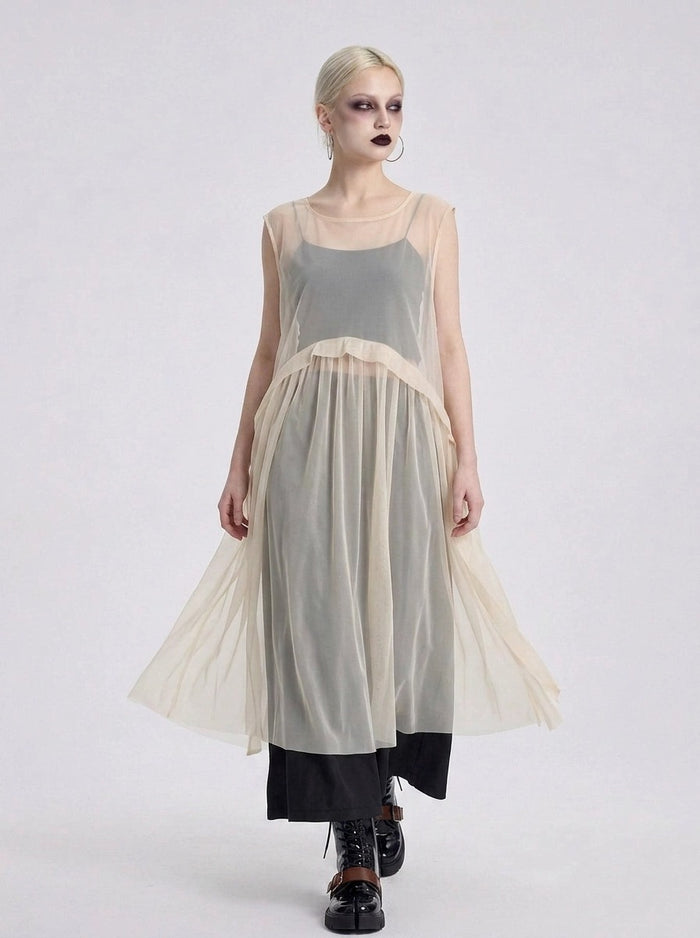 Sheer Layered Overlay Dress – Minimal Ethereal Goth Sleeveless Tulle Dress in Soft Ivory