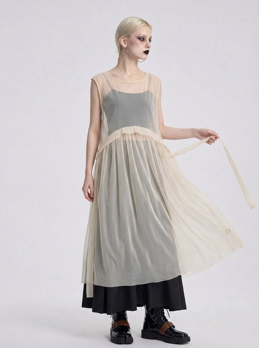 Sheer Layered Overlay Dress – Minimal Ethereal Goth Sleeveless Tulle Dress in Soft Ivory