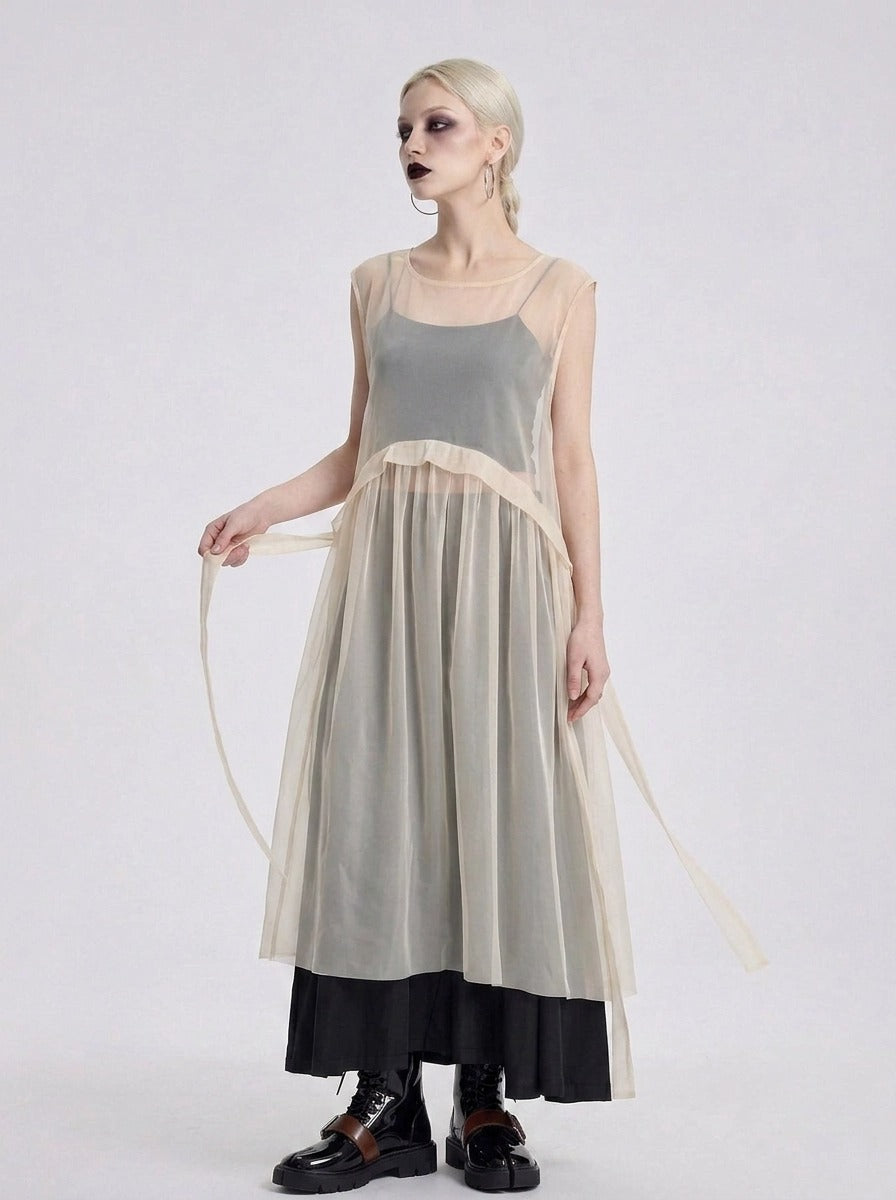 Sheer Layered Overlay Dress – Minimal Ethereal Goth Sleeveless Tulle Dress in Soft Ivory