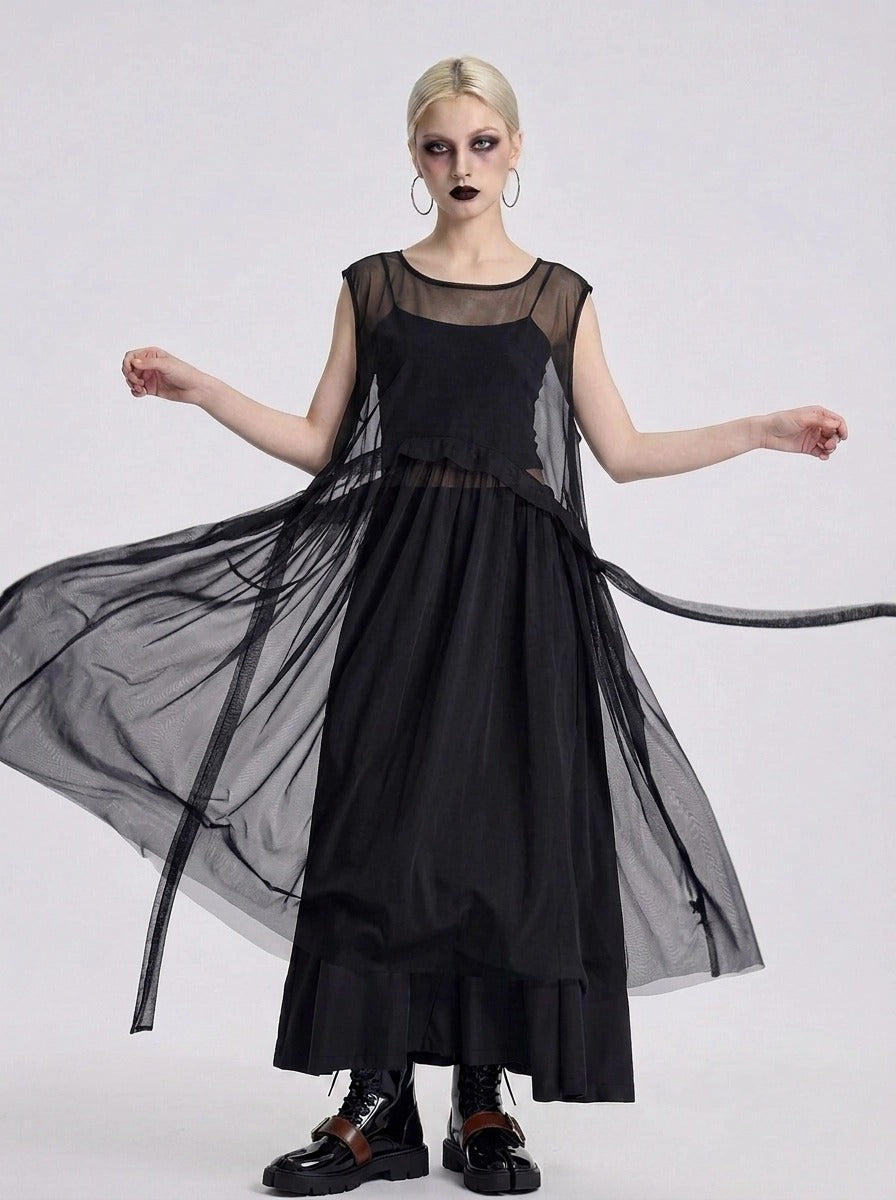 Sheer Layered Overlay Dress – Minimal Goth Sleeveless Tulle Dress in B – SimpleModerne