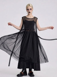 Sheer Layered Overlay Dress – Minimal Goth Sleeveless Tulle Dress in Black