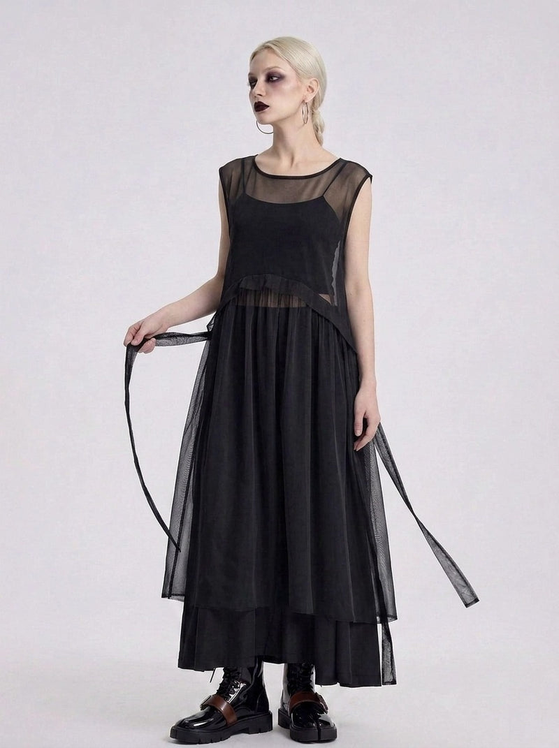 Sheer Layered Overlay Dress – Minimal Goth Sleeveless Tulle Dress in B – SimpleModerne