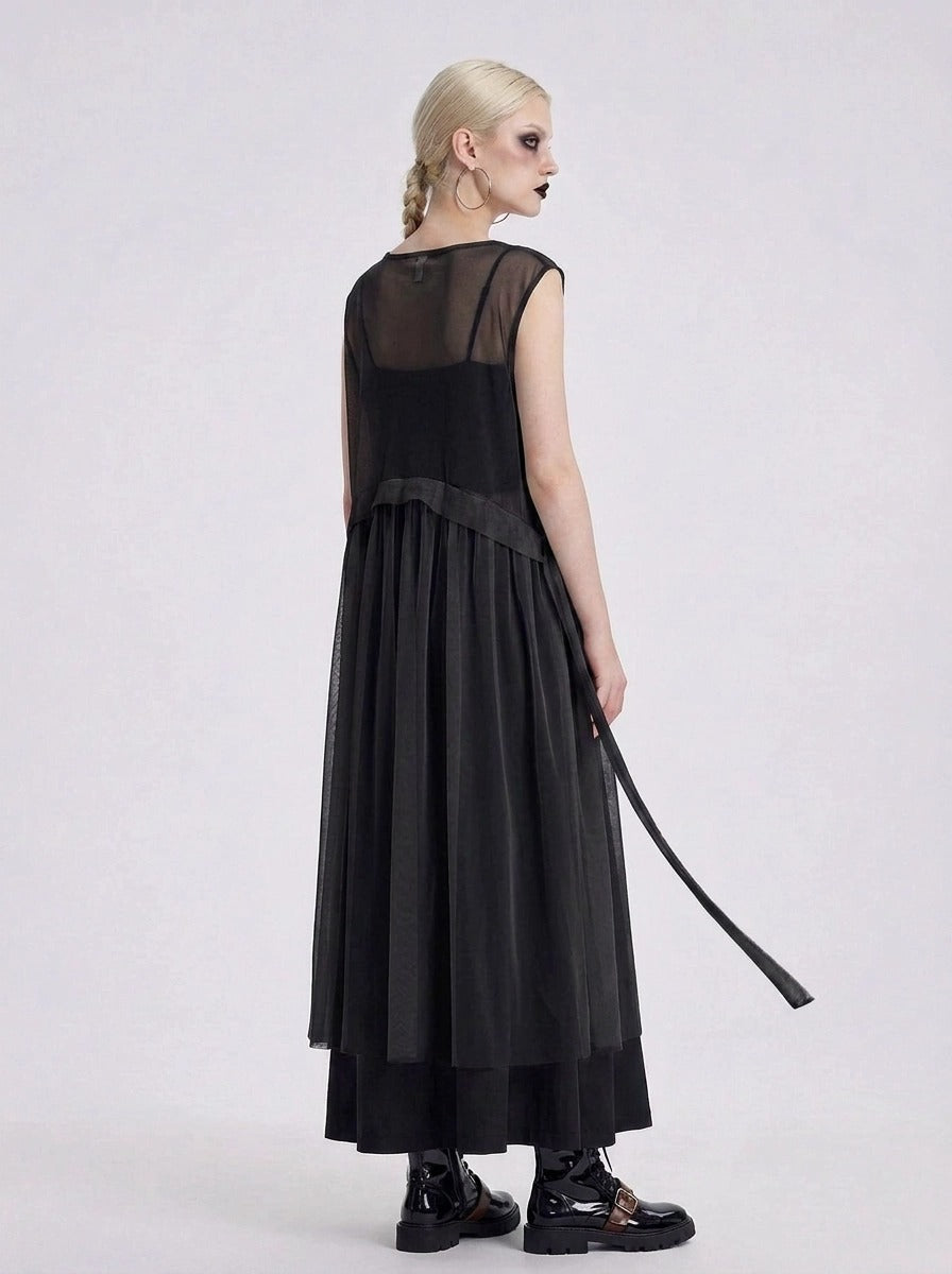 Sheer Layered Overlay Dress – Minimal Goth Sleeveless Tulle Dress in Black