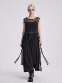 Sheer Layered Overlay Dress – Minimal Goth Sleeveless Tulle Dress in Black